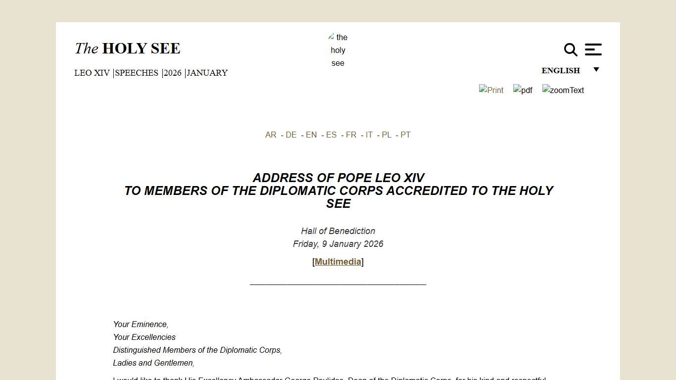 To members of the Diplomatic Corps accredited to the Holy See (9 January 2026)